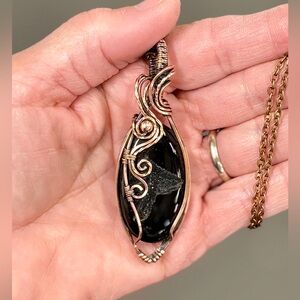 HAND CRAFTED Black Druzy Agate Wire Wrapped Pendant Necklace, Handmade Jewelry